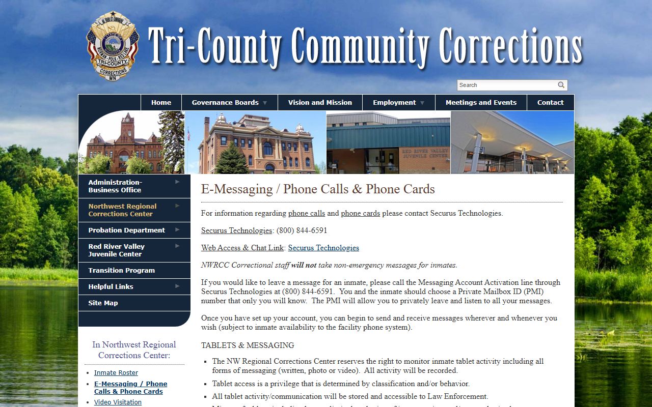 Northwest Regional Corrections Center calls and tablets information page