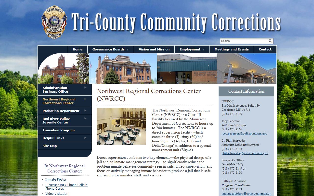 Northwest Regional Corrections Center overview page from Tri-County Community Corrections