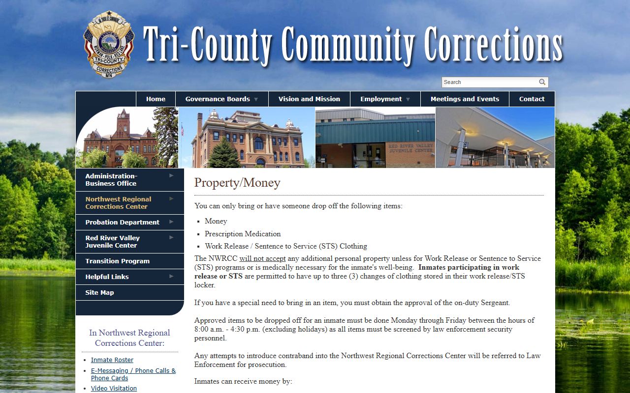 Northwest Regional Corrections Center money and property information page
