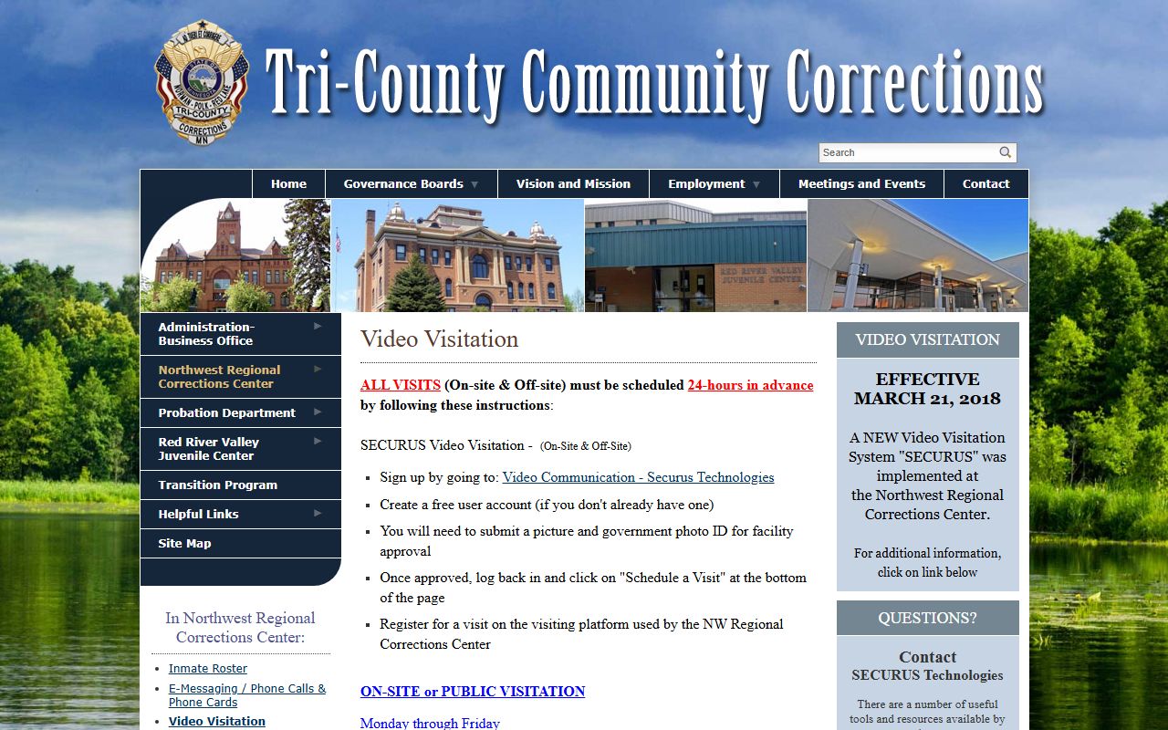 Northwest Regional Corrections Center video visitation information page